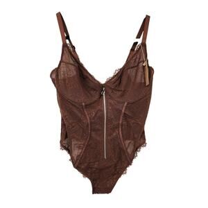 New NWT‎ Shapellx Lace Glamour Flawless Zip Front Thong Bodysuit Brown XL